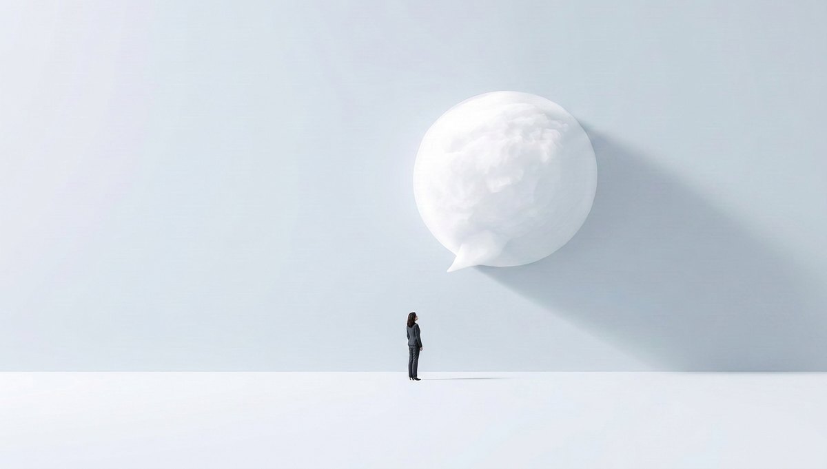 Person looking at a large white speech bubble